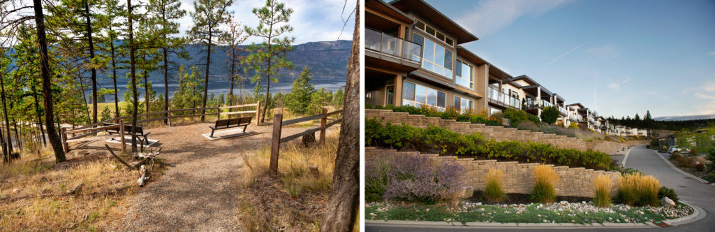 Split image: Left side shows a bench overlooking a scenic lake and mountains, surrounded by trees. Right side displays a row of modern hillside homes with landscaped gardens alongside a paved street, reflecting master-planned community development and the latest community development trends.