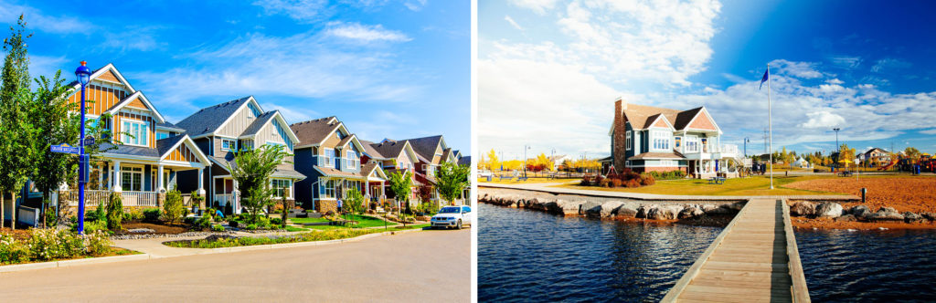Split image: Left side shows a row of modern suburban houses on a sunny street, reflecting the latest Community Development Trends. Right side shows a waterfront area with a dock, a large house, and a sandy, landscaped shoreline under a blue sky—showcasing the possibilities of master-planned community development.