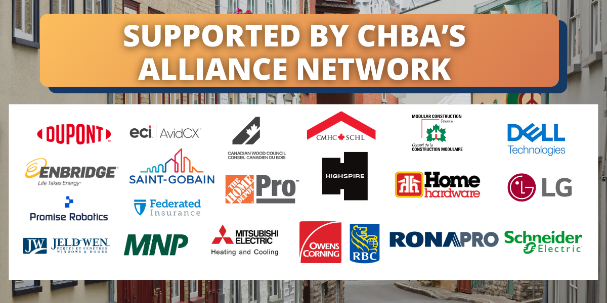 A banner displays Supported by CHBA’s Alliance Network and Home Building Week in Canada above logos of various companies, including DuPont, Dell Technologies, LG, Home Hardware, RONA, Mitsubishi Electric, Schneider Electric, and others.