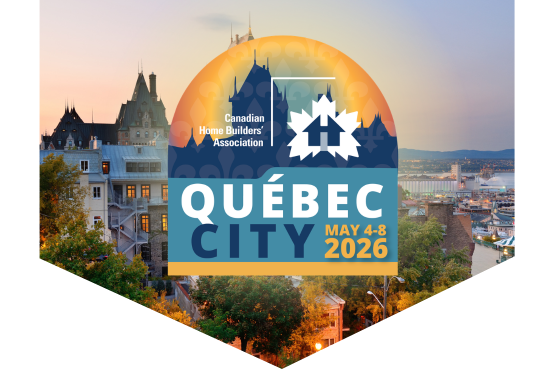 Event graphic for CHBA events for home building industry in Québec City, May 4-8, 2026. Background shows cityscape with historic buildings and waterfront at sunset. Event details are in bold blue and orange text.