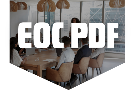 A group of people in business attire sit around a conference table in a modern office, discussing CHBA events for the home building industry. Large white text reading EOC PDF is overlaid prominently in the center of the image.