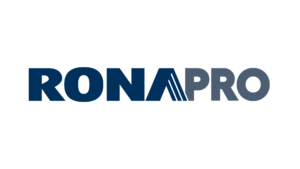 The image shows the RONA PRO logo with the word RONA in bold navy blue letters and PRO in a lighter grey. The letter A in RONA is stylized with three diagonal lines.