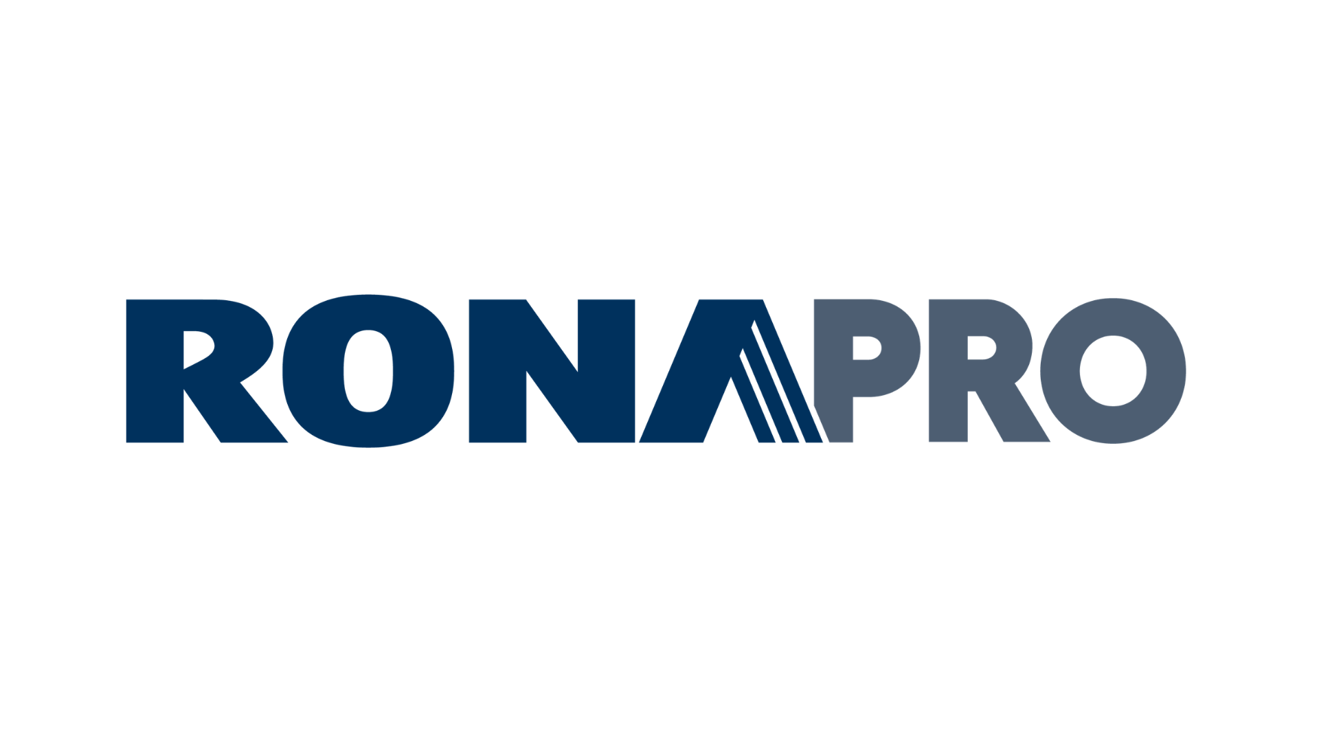 The image shows the RONA PRO logo with the word RONA in bold navy blue letters and PRO in a lighter grey. The letter A in RONA is stylized with three diagonal lines.
