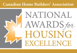 Logo for the CHBA National Awards for Housing Excellence, featuring a stylized maple leaf and text on a gold and white background.