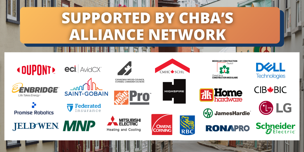 A banner reading Supported by CHBAs Alliance Network highlights Home Building Week in Canada above company logos like Dupont, Dell, LG, and RBC, set against a blurred street background.