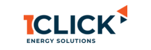 Logo for 1 Click Energy Solutions featuring bold navy blue text 1CLICK with an orange number 1 and an orange and navy blue arrow symbol. The words ENERGY SOLUTIONS appear below in smaller navy blue letters.