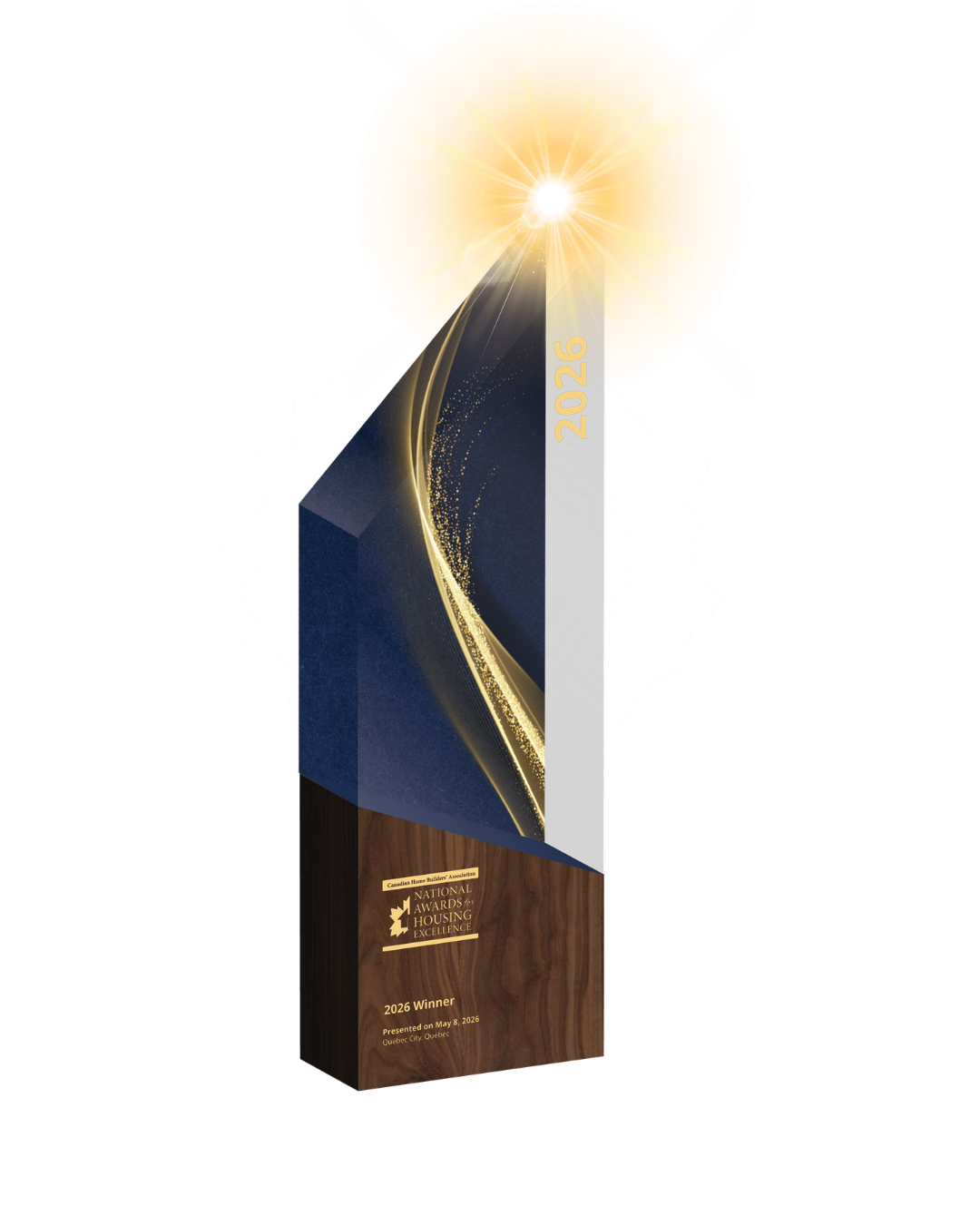 A modern, angular award trophy with a dark base, a blue and gold midsection, and a glowing golden light at the top. The year 2026 is written vertically on the upper right side, symbolizing achievement in Net Zero Homes innovation.