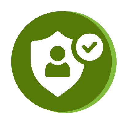 A green circular icon featuring a white shield with a person silhouette in the center and a checkmark inside a smaller circle overlapping the shield, symbolizing user security or verification.