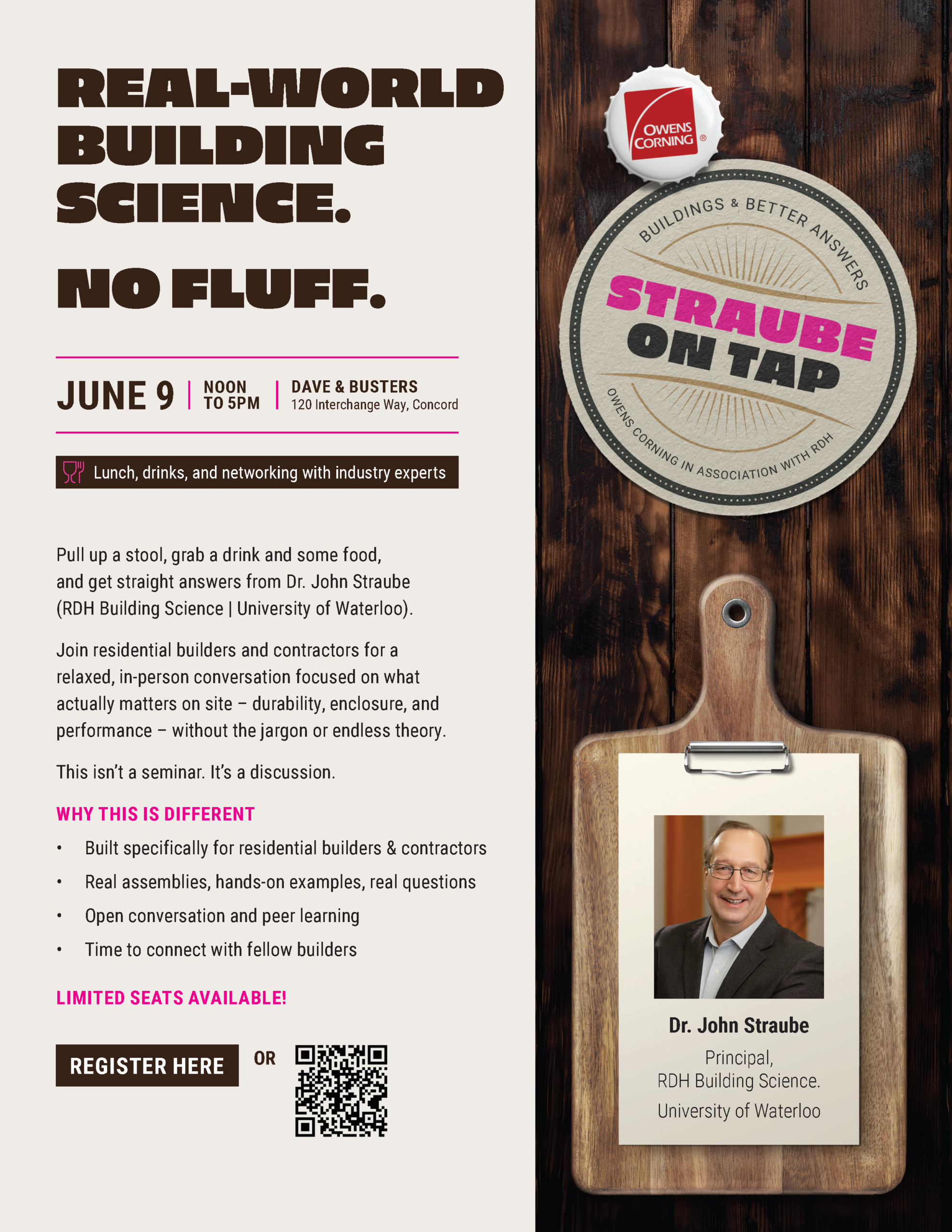 Event poster for “Straube on Tap” featuring Dr. John Straube, promoting a building science seminar on June 9 at Dave & Buster’s, Concord. Offers lunch, drinks, networking, and open discussion for builders and contractors.