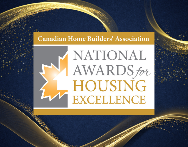 Canadian Home Builders’ Association National Awards for Housing Excellence logo on a blue background with gold swirls.