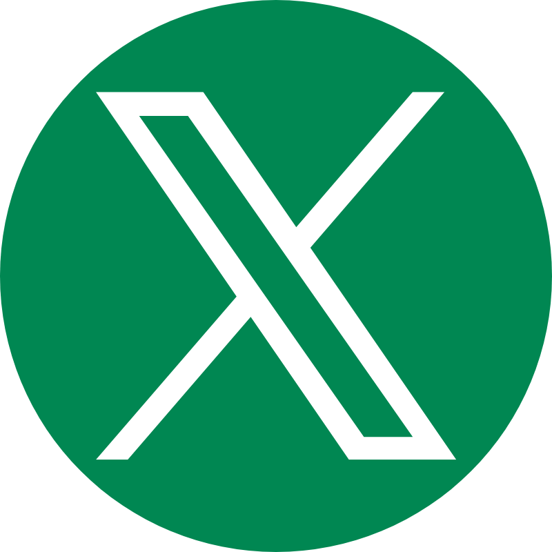 A white stylized X inside a green circle.