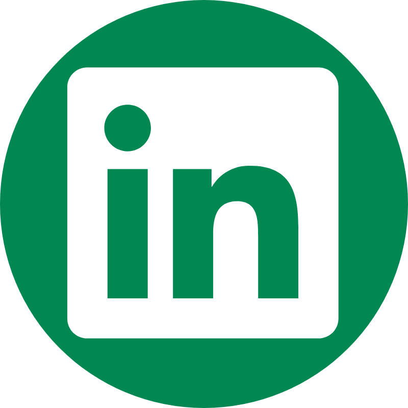 LinkedIn logo in green. A white rounded square displays the in lettermark in green, set against a green circle background.