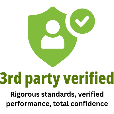 A green shield icon with a person and checkmark, above bold text reading “3rd party verified.” Below, smaller text says, “Rigorous standards, verified performance, total confidence.”.