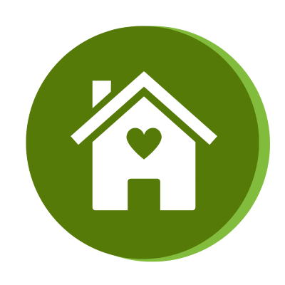 A green circular icon with a white house in the center. Inside the house, there is a heart symbol, representing love or care at home.