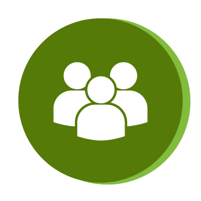 Icon of three white human figures grouped together on a green circular background, symbolizing a community or team.