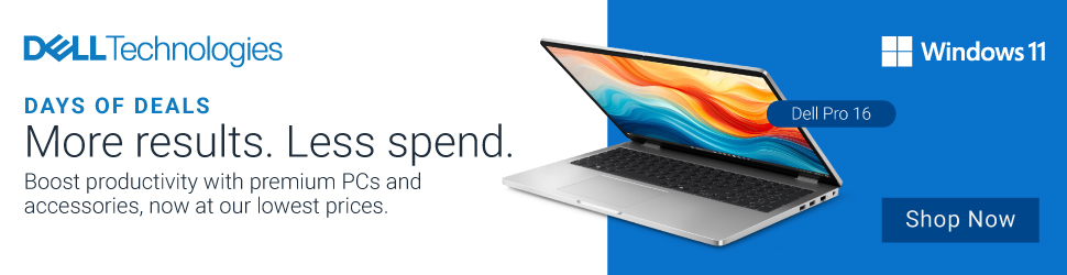 Banner ad for Dell Technologies showing a Dell Pro 16 laptop and Windows 11 logo, with text: More results. Less spend. Boost productivity with premium PCs and accessories, now at our lowest prices. Shop Now button included.