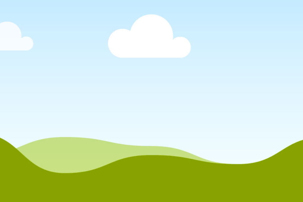 Simple illustration of green rolling hills under a clear blue sky with two white, fluffy clouds. The scene is minimalistic, with gentle curves and soft colors, evoking a calm, peaceful landscape.