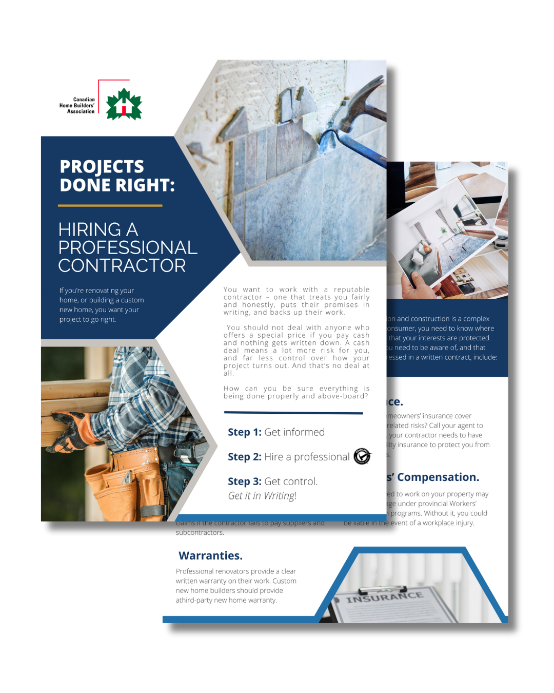 A brochure titled Projects Done Right: Hiring a Professional Contractor features images of construction tools, a contractor wearing a tool belt, and text outlining steps to hire a reputable professional.