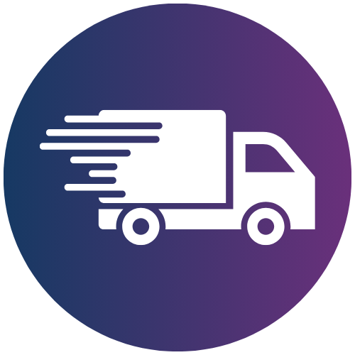 A white delivery truck icon with motion lines, symbolizing fast shipping, is centered on a circular gradient background transitioning from dark blue to purple.