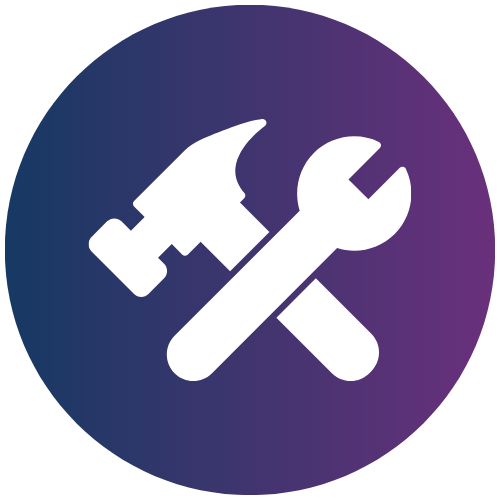 White hammer and wrench crossed over each other on a circular background that fades from blue to purple.