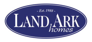 A blue oval logo with white text reads Est. 1988 at the top and Land Ark Homes, known for quality production homes and net zero home options, in large and small font styles in the center.