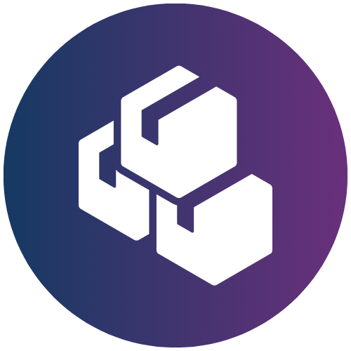 A circular icon with a gradient background from dark blue to purple, featuring three white, stylized, interconnected 3D boxes in the center.