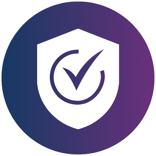 A white shield with a dark checkmark inside a circle, centered on a round background that fades from blue on the left to purple on the right.