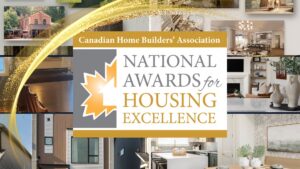 A graphic for the Canadian Home Builders Association National Awards for Housing Excellence, featuring a logo with a maple leaf and images of modern home interiors and exteriors in the background.