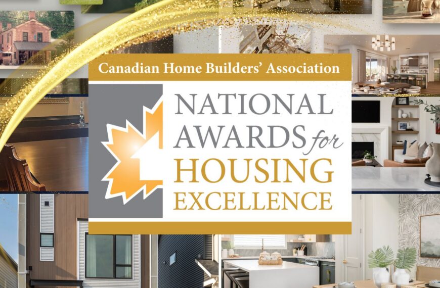 A graphic for the Canadian Home Builders Association National Awards for Housing Excellence, featuring a logo with a maple leaf and images of modern home interiors and exteriors in the background.
