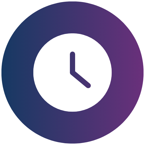 A simple clock icon with black hour and minute hands showing 10:10, centered on a white circle within a blue-to-purple gradient circular background.