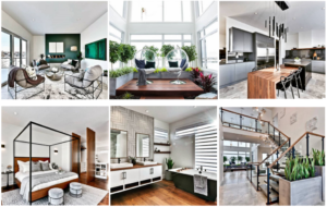 A collage of six modern home interiors, featuring living and dining areas, a kitchen, bedroom, bathroom, and a staircase with glass railings and elegant décor.