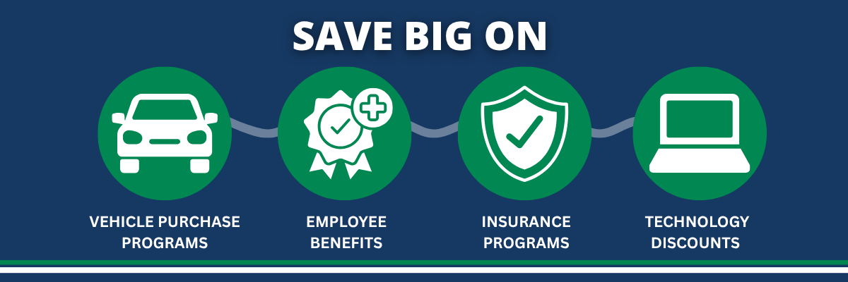 Four green circles with icons for a car, award ribbon, shield, and laptop. Text reads: Save big on vehicle purchase programs, employee benefits, insurance programs, and technology discounts with the CHBA National Advantages program.