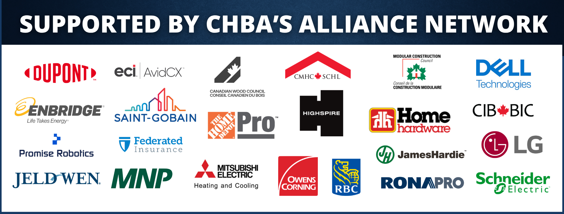 A banner features the text SUPPORTED BY CHBAS ALLIANCE NETWORK above logos of various companies, including DuPont, Enbridge, Dell, LG, Home Hardware, RBC, and others on a blue gradient background.