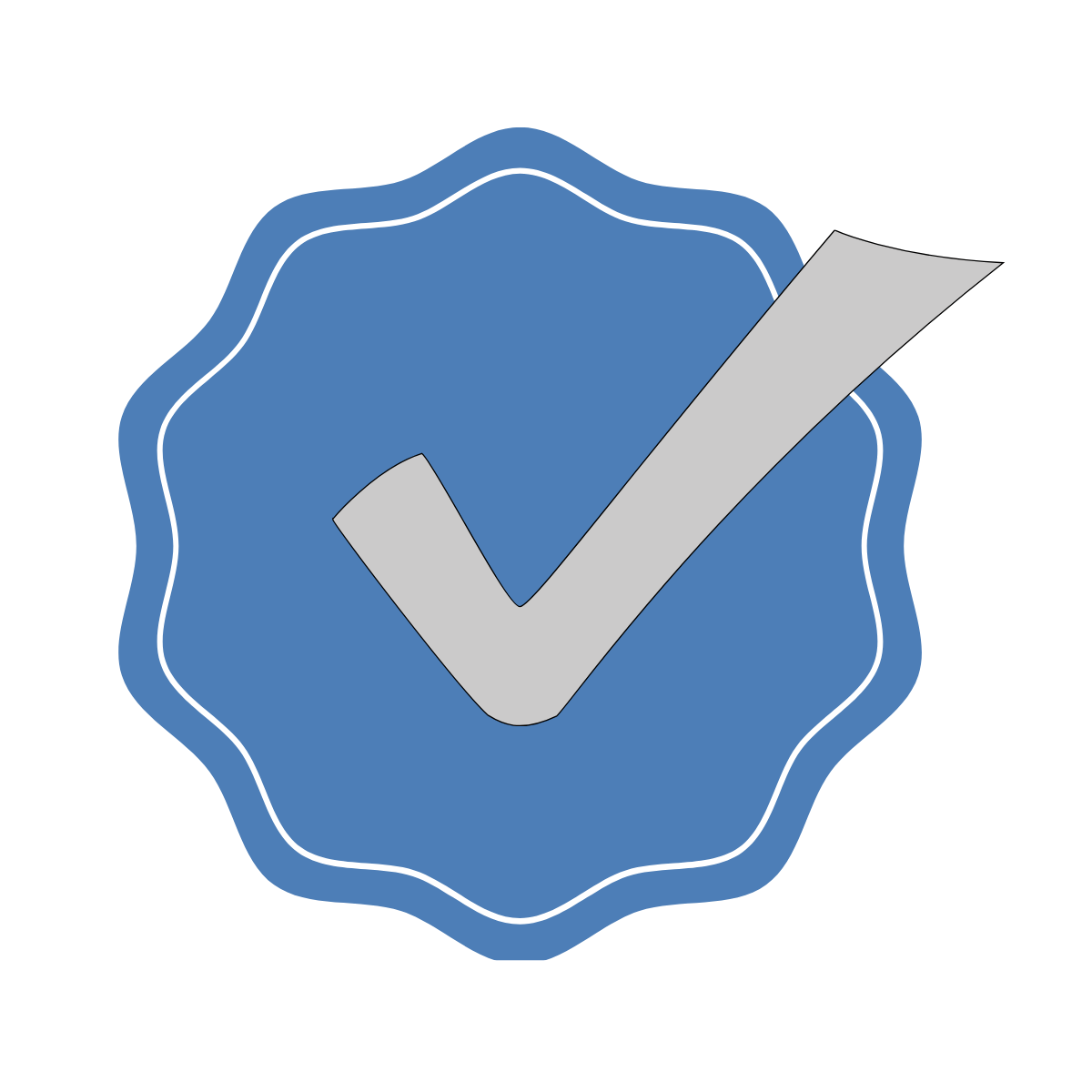 A blue badge with a wavy edge featuring a large gray check mark in the center, symbolizing verification or approval for completing the Adaptiv Home Course.