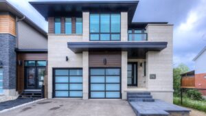 Modern two-story house with frosted glass garage doors, large windows, light stone and dark wood exterior accents, and a concrete driveway and steps leading to the entrance.
