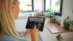 A person uses a tablet in a bright kitchen to control a smart home system, adjusting the temperature to 21°C. The tablet screen also displays weather information and other settings.