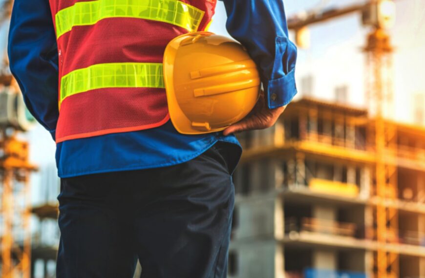 A construction worker wearing a reflective vest holds a yellow hard hat while facing a building under construction, with cranes and scaffolding visible in the background.