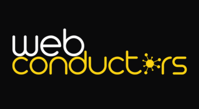 Web conductors logo with modern white and yellow text on a black background. The o in conductors is designed as a yellow circle with small lines and dots, resembling a network or sun, making it an ideal fit for organizations like the CHBA National Advantages program seeking innovative visual identity.