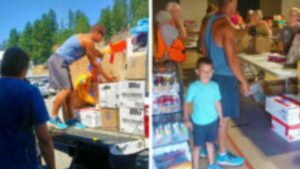 Two side-by-side photos show people unloading boxes from a truck outdoors and distributing supplies indoors, with one man in blue shorts and tank top present in both scenes. A young boy smiles in the indoor setting.