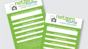 Two green and white Net Zero Home labels with blank fields for builder, advisor, service organization, CHBA NZH ID#, and date approved, on a light background.