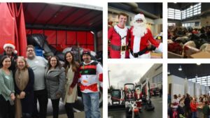 A collage shows people in festive attire, Santa Claus, volunteers posing together, collected donations, and toy-filled tables at a holiday charity event, both indoors and outdoors.