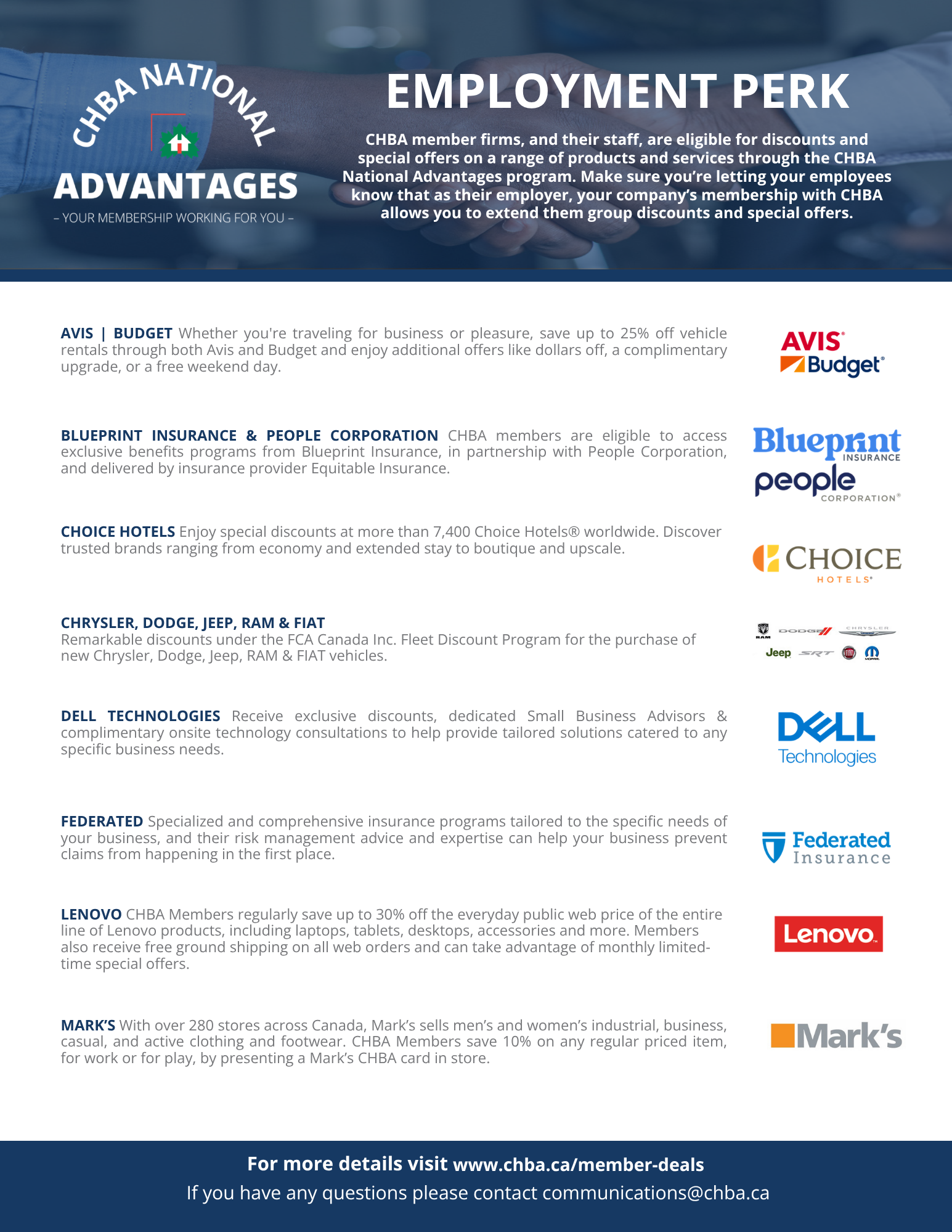 CHBA Employment Perks poster showing logos and discounts from various brands, including Avis, Budget, Choice Hotels, Dell, Marks, and more. Text describes special offers for CHBA members through the CHBA National Advantages program and where to find more details.