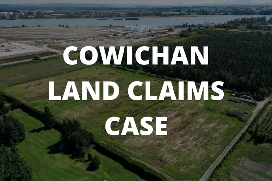 Aerial view of a rural landscape with fields, trees, and water, overlaid with large text reading COWICHAN LAND CLAIMS CASE..