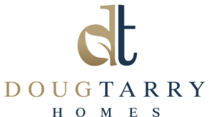 Logo for Doug Tarry Homes featuring a stylized dt with a leaf design, and the company name DOUG TARRY HOMES in gold and navy blue text on a light background. This design reflects the brand’s commitment to sustainability, as highlighted in their Chasing Net Zero Video Series.