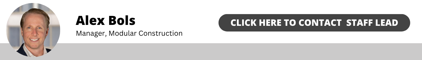Profile photo of a smiling person with text: Alex Bols, Manager, Modular Construction and a large button labeled CLICK HERE TO CONTACT STAFF LEAD..