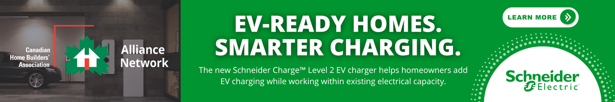 Banner showing a home garage with an EV charging, Alliance Network and Schneider Electric logos, and text promoting EV-ready homes and smarter charging solutions. A Learn More button is on a green background.