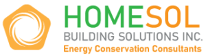 Logo for HOMESOL Building Solutions Inc., Energy Conservation Consultants. Features a yellow hexagon with swirling lines and bold text in green, orange, and gray—perfect for representing your commitment to sustainability as highlighted in the Chasing Net Zero Video Series.