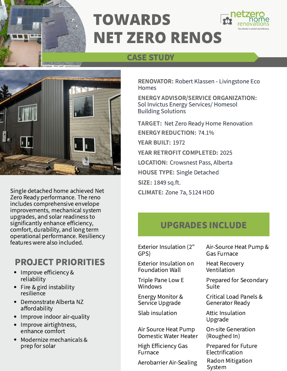 A Towards Net Zero Renos Case Studies flyer for a net zero home renovation in Crowsnest Pass, Alberta, featuring a house photo, project details, priorities, upgrades, and the Net Zero Home Renovations logo.