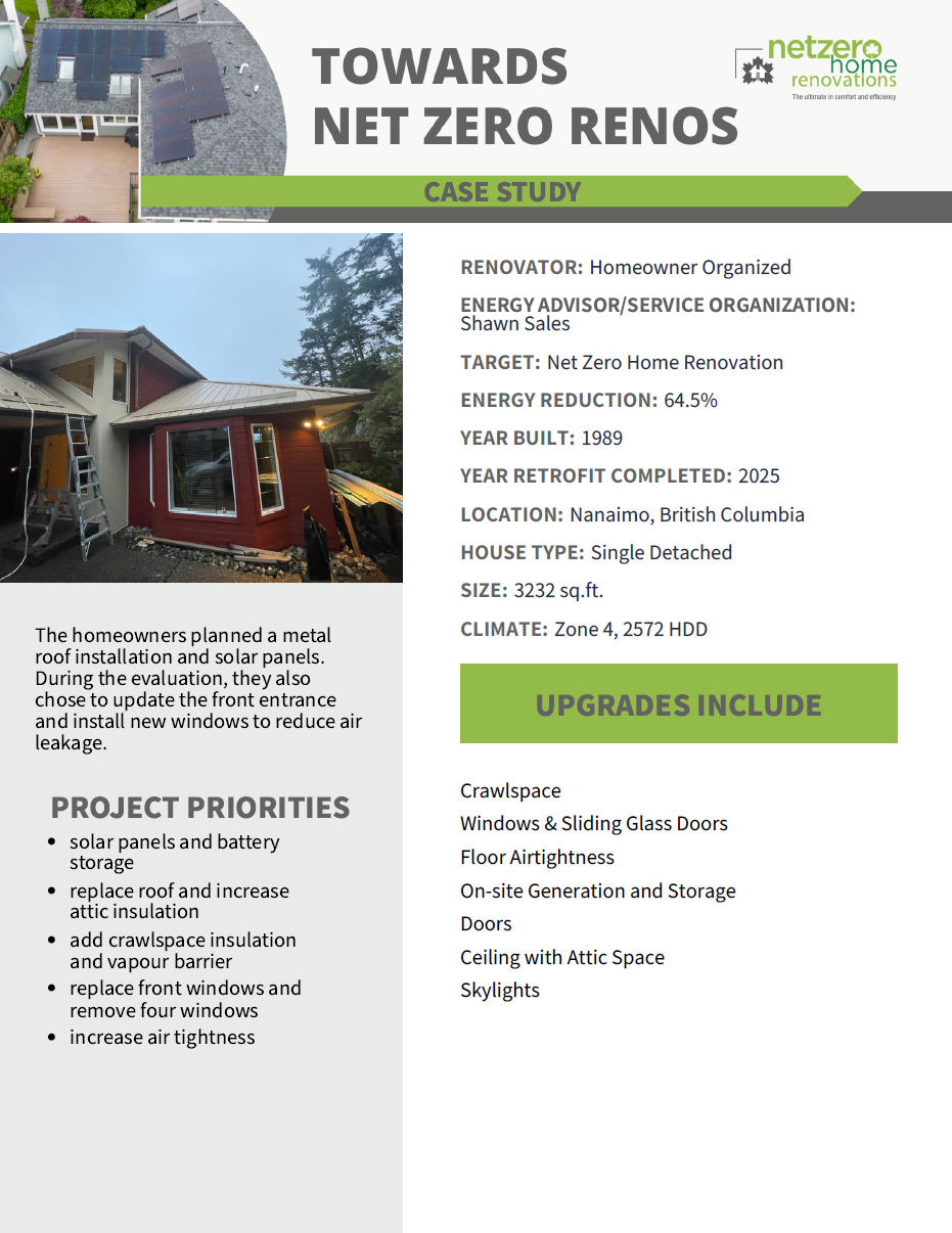 Towards Net Zero Renos Case Studies poster for Net Zero Home Renovations showcases project priorities, upgrades, and homeowner goals like solar panels and insulation for a Nanaimo, British Columbia home.