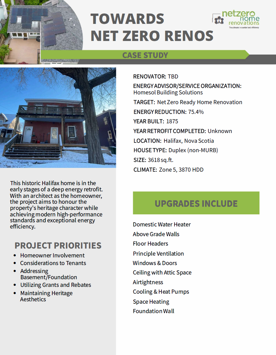 Case study flyer for a Towards Net Zero Renos Case Studies home renovation in Halifax, NS. Features project details, upgrades list, and a photo of a blue historic house with white trim and yellow door amidst greenery.